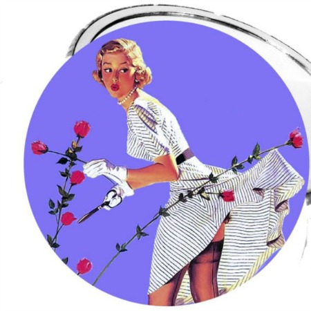 Click image for more details! Pruning Roses Retro Pinup Girl 2 1/4 Inch Pocket Mirror OR Bottle Opener OR Keychain or Magnet